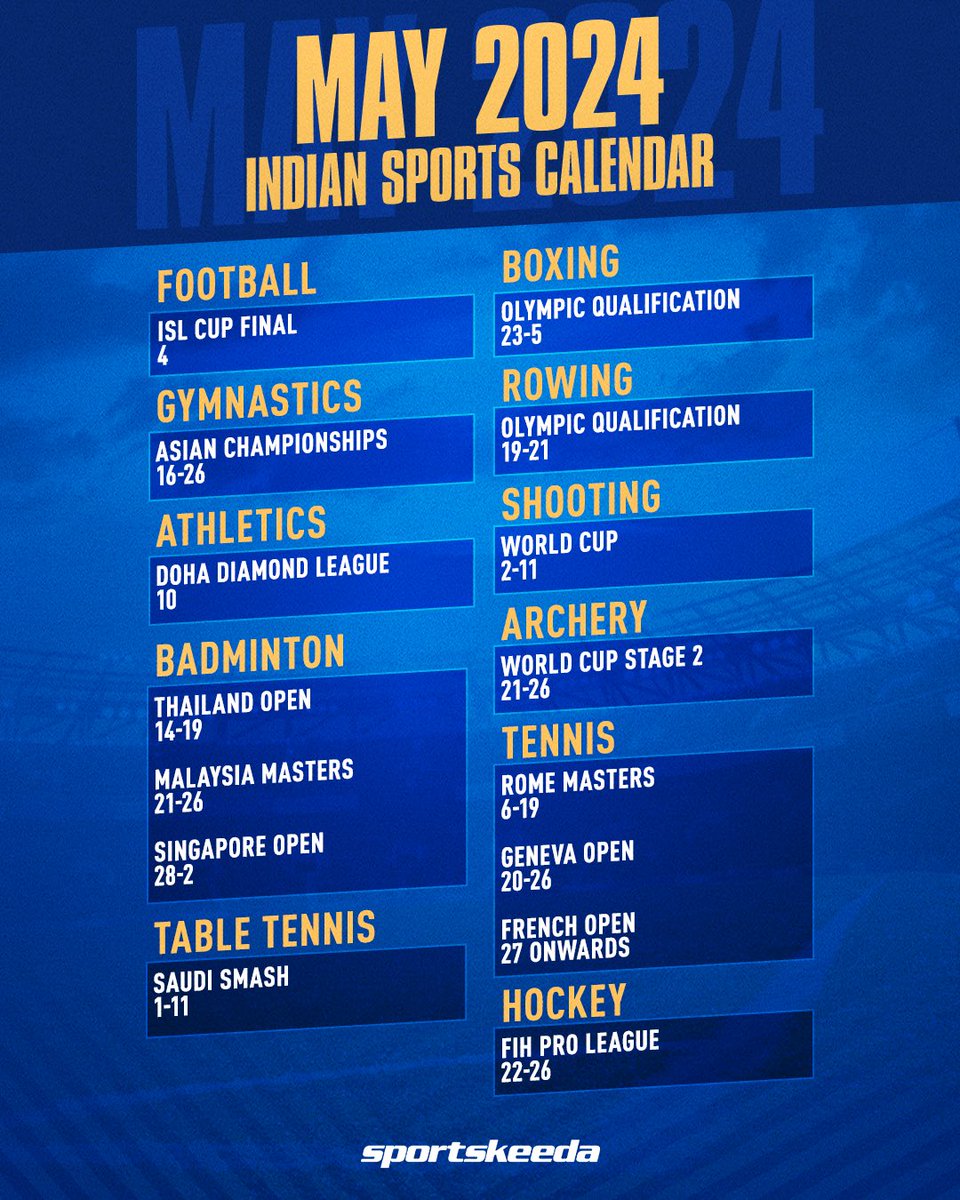 May 2024 is going to be an exciting period for Indian Sports! Mark your Calendars!💙🇮🇳

#SKIndianSports