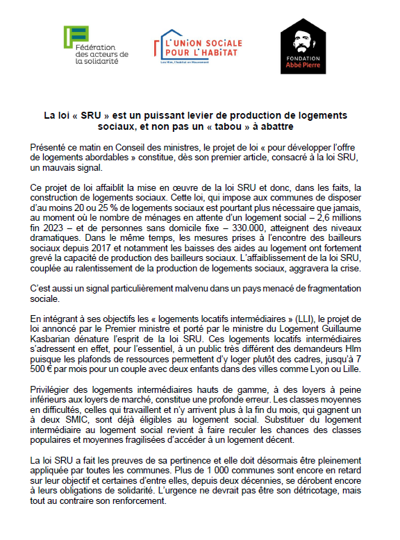 Communiqué commun de la Fondation <a href="/Abbe_Pierre/">Abbé Pierre</a> du monde HLM <a href="/UnionHlm/">UnionHlm</a> et de la <a href="/FedeSolidarite/">Fédération des acteurs de la solidarité</a> contre le projet de loi Kasbarian, en défense de la loi SRU (sans logement intermédiaire)
