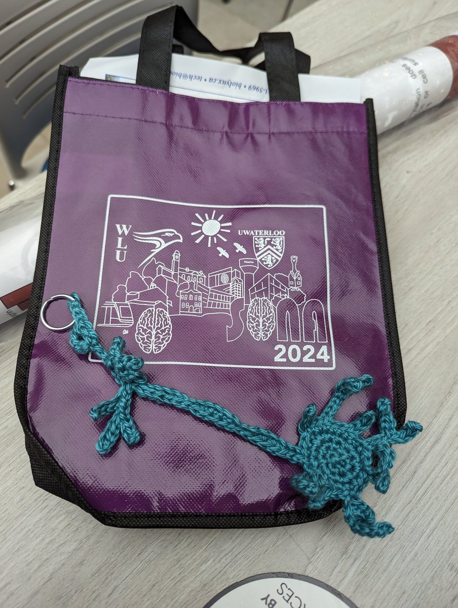 Looking forward to another day of Neuroscience at the Southern Ontario Neuroscience Association (SONA) 2024 meeting today. Look! They knit custom neuron keychains for speakers. Can't wait to present.