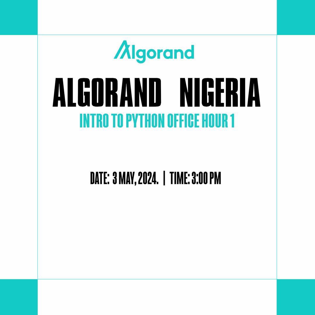 Algorand_NG's tweet image. 🚨 Happening Today at 3 PM! Don&apos;t miss our Intro to Python Office Hour 1 as part of #PythonMay with #AlgorandNigeria. 🐍 

🔗 Register now: bit.ly/PythonOnAlgoOf… 

Dive into designing and deploying digital marketplace smart contracts using Python and AlgoKit 2.0. Ideal for…