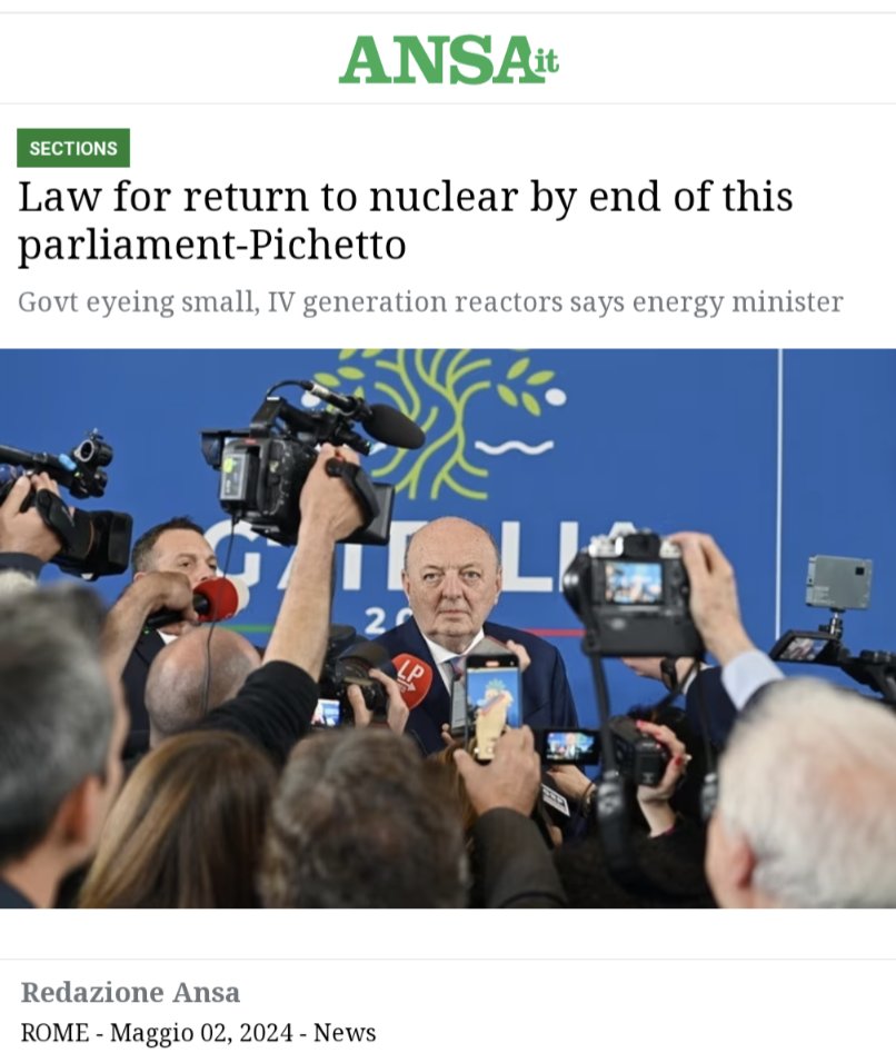 ENERGY MINISTER: ITALY TO RETURN TO NUCLEAR ENERGY Italy is one of the only countries in the world to have exited nuclear. Now, just after Germany has turned off its plants, Rome lays out a goal of returning soon. A referendum following Chernobyl in 1986 closed Italy's plants.