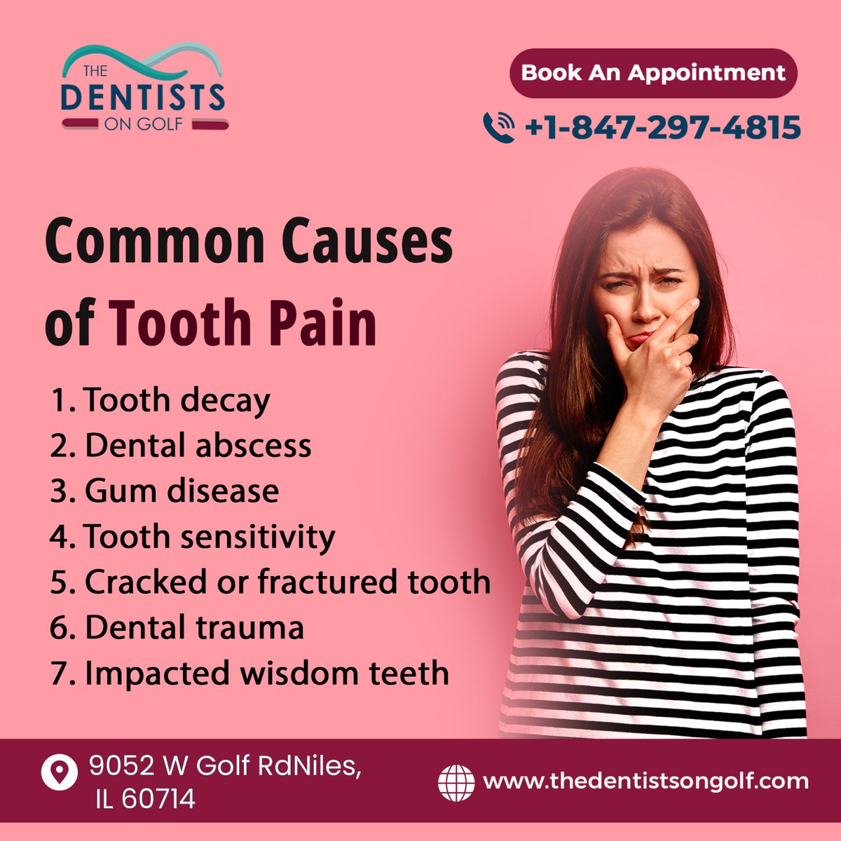 Experiencing tooth pain? Explore the various causes behind it, from cavities to gum problems.
.
For Appointments, contact us at 847-297-4815 or
Visit: thedentistsongolf.com 
.
#toothache #cosmeticdentistry #dentalcleaning 
#dentaltreatment #dentalveeners #dentalbonds #dentist