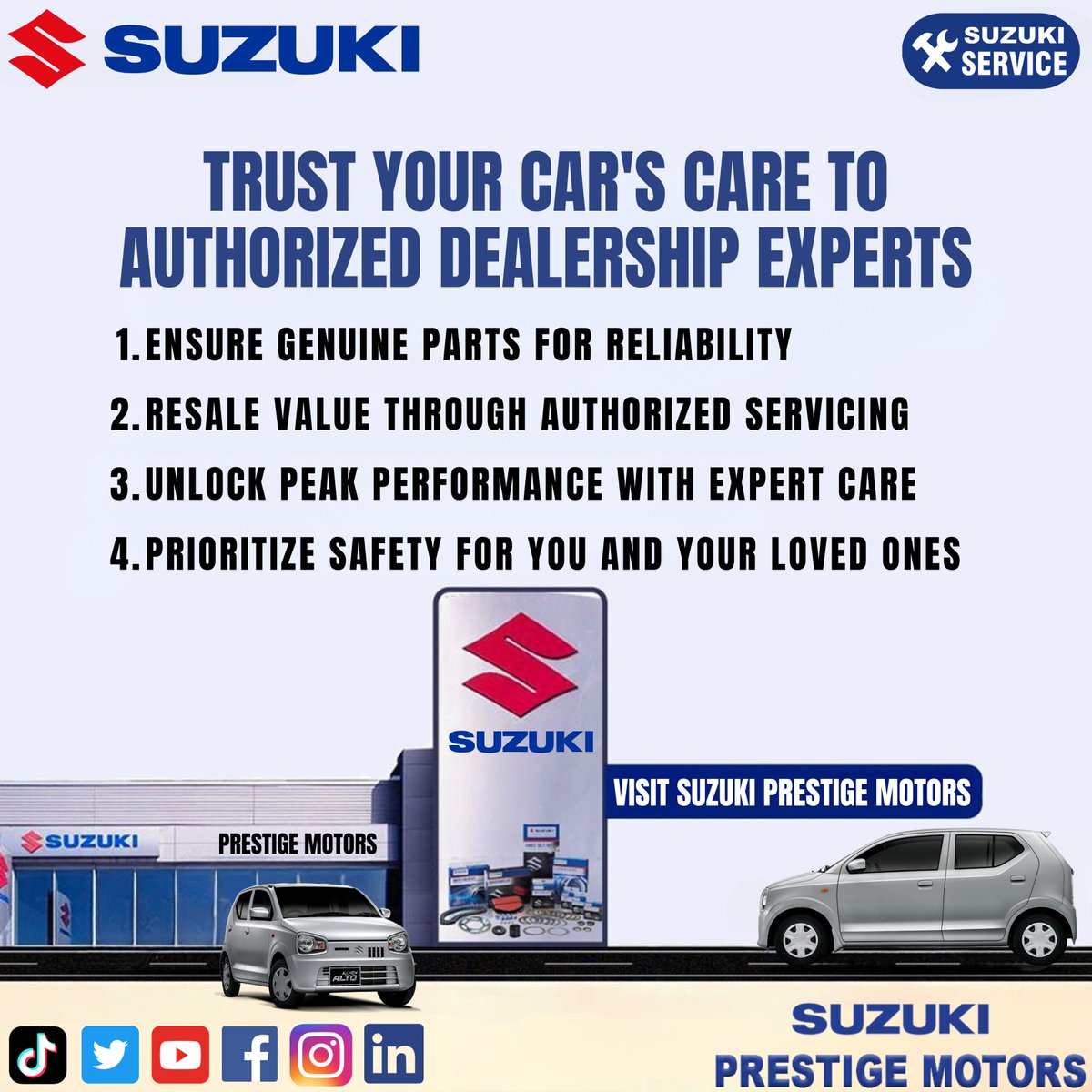 Suzuki Prestige Motors: Your Trusted Car Care Experts
#SuzukiPakistan #SuzukiService #likeforlikes #SharePost #PakSuzuki #suzuki #SuzukiPrestigeMotors #lahore #service 
#carcare #experts