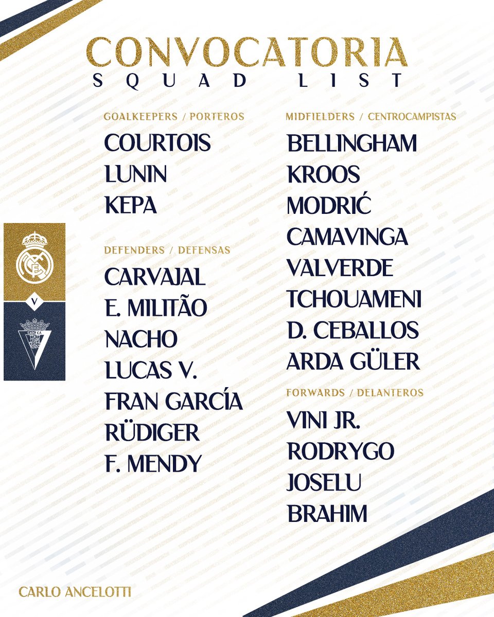 📋✅ Our squad for the match!  
🆚 @Cadiz_CFEN
#RealMadridCádiz