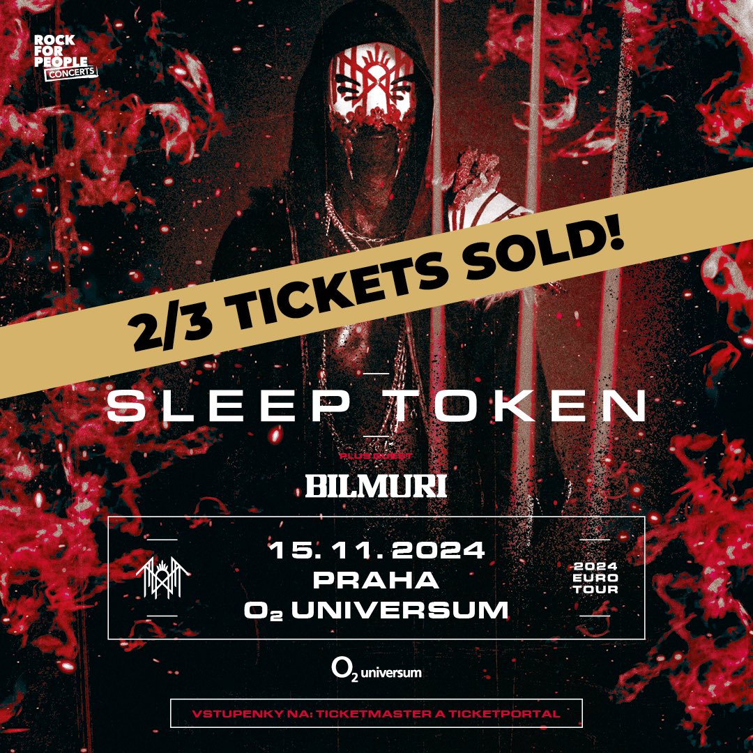 Je to neuvěřitelný, ale je to tak. Veřejný prodej na show SLEEP TOKEN začal před pár hodinami a dvě třetiny vstupenek jsou pryč. 🔥🖤 🎫 POSLEDNÍ VSTUPENKY ▶️ rockforpeople.cz/cs/concert/sle…?. #sleeptoken #rfpconcerts #rockforpeopleconcerts #jeduRFP @Sleep_Token