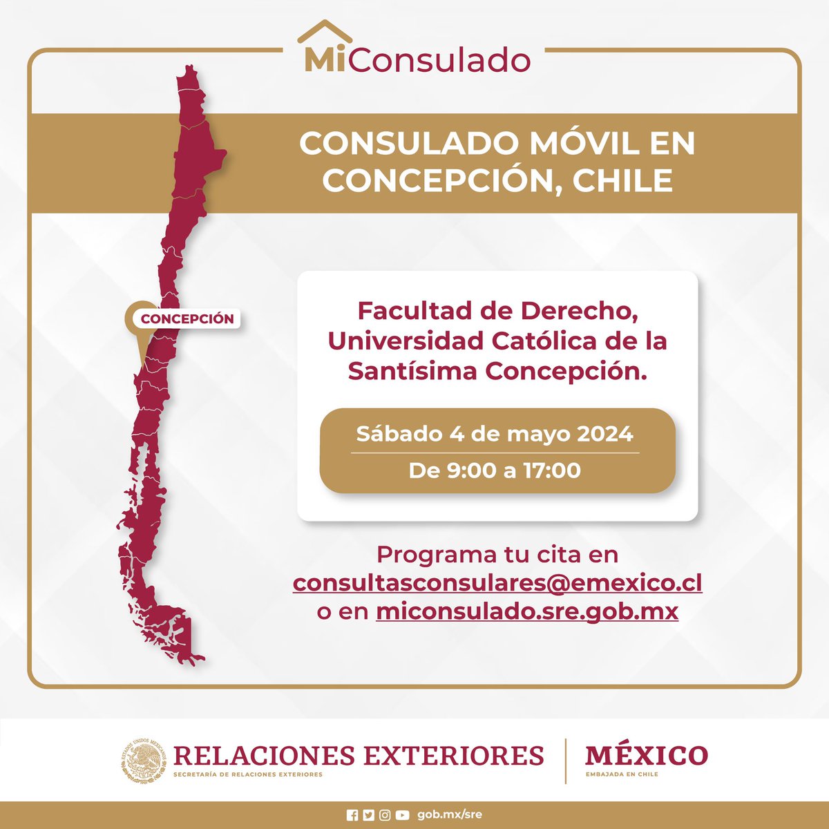 📢 Comunidad 🇲🇽 en el centro-sur de 🇨🇱. Aún hay citas disponibles para el #ConsuladoMóvil que tendrá @EmbaMexChi en la ciudad de Concepción este fin de semana. Aprovecha para tramitar tu pasaporte u obtener cualquier orientación que necesites.