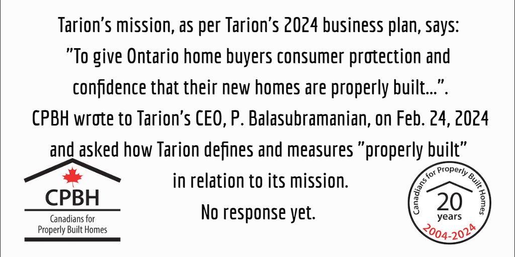 @ToddJMcCarthy @Tarion_ON @a_kenins It's important that missions are measurable. The Ministry (Public & Business Service Delivery) forces Tarion to pay it a fee for 'oversight'. Does your ministry have a clear understanding of how Tarion defines & measures 'properly built' Minister .@ToddJMcCarthy? @ONconsumer