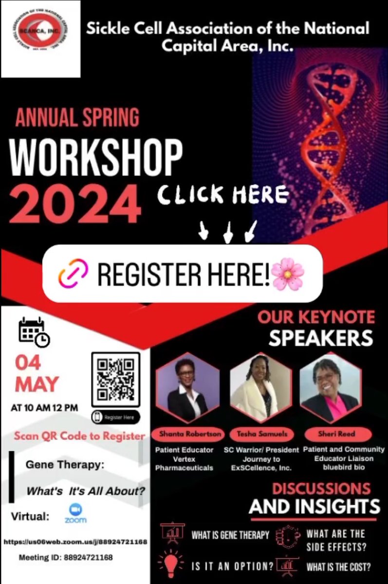 HAPPENING TOMORROW!!! click this link to register 👉 us06web.zoom.us/meeting/regist…

#sicklecell #springworkshop #FDA #scanca