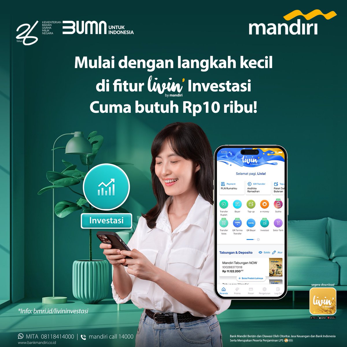 Capai kebebasan finansial mulai dari langkah kecil aja di fitur Livin' Investasi! 📈 Penggunaan yang mudah dan cuma butuh Rp10 ribu untuk mulai berinvestasi. Cocok untuk kamu yang masih pemula 👌🏻 Yuk, download aplikasi Livin' by Mandiri sekarang. Cek info lengkapnya di…