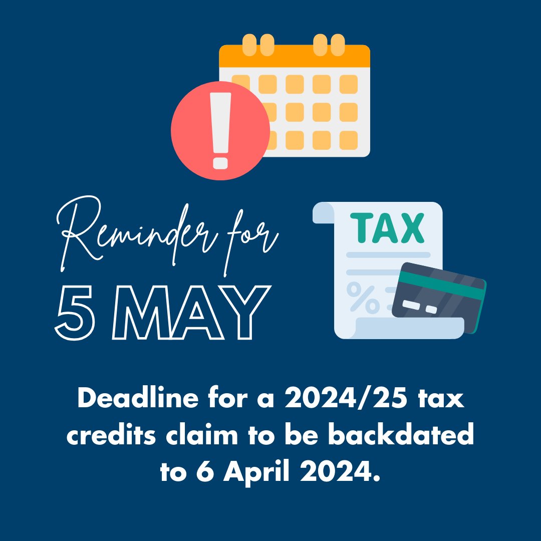 The deadline to backdate a 2024/25 tax credits claim to 6 April 2024 is on Sunday!  
 
Don’t miss out, keep on top of your tax deadlines with our team’s support. 
 
#TaxDeadline #TaxCredits