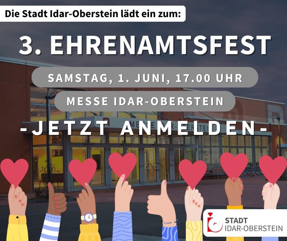 Unser Ehrenamtsfest geht in die 3. Runde! 
📆 Wann: Samstag, 1. Juni 2024, ab 17 Uhr in der Messe Idar-Oberstein.
Lasst Euch diesen Abend nicht entgehen! Anmeldung via ehrenamt@idar-oberstein.de
ℹ️ Mehr dazu: bit.ly/3Qqy8VO
Wir freuen uns auf einen unvergesslichen Abend