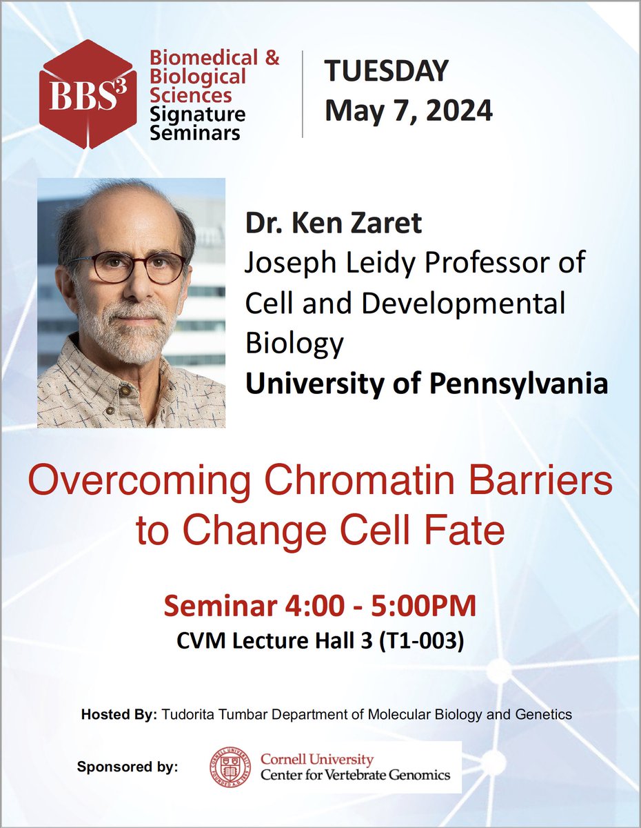 Dr. Ken Zaret from the <a href="/Penn/">Penn</a> will join us on Tuesday, May 7th to speak about Overcoming Chromation Barriers to Change Cell Fate.