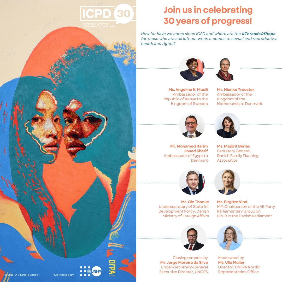 ⏰ It is almost time! 

Join us for an exciting discussion at @UNCityCPH on why the world must recommit to accelerating progress and build on the #ThreadsOfHope we have seen over the last 30 years.

Attend this upcoming Wednesday ➡️ tinyurl.com/3mvumw63

#ICPD30