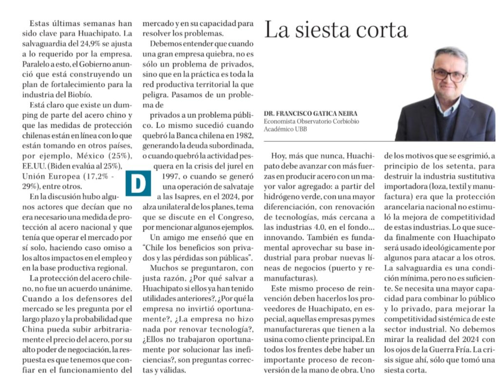 Comparto opinión publicada en el @DiarioConce . Hay un alto riesgo de que pasado unos meses estemos nuevamente hablando del cierre de Huachipato. ¡Aprovechemos está crisis para generar nuevas inversiones en el territorio! @Corbiobio @PVillagra_ @faceubb @economiaUBB @vripubb