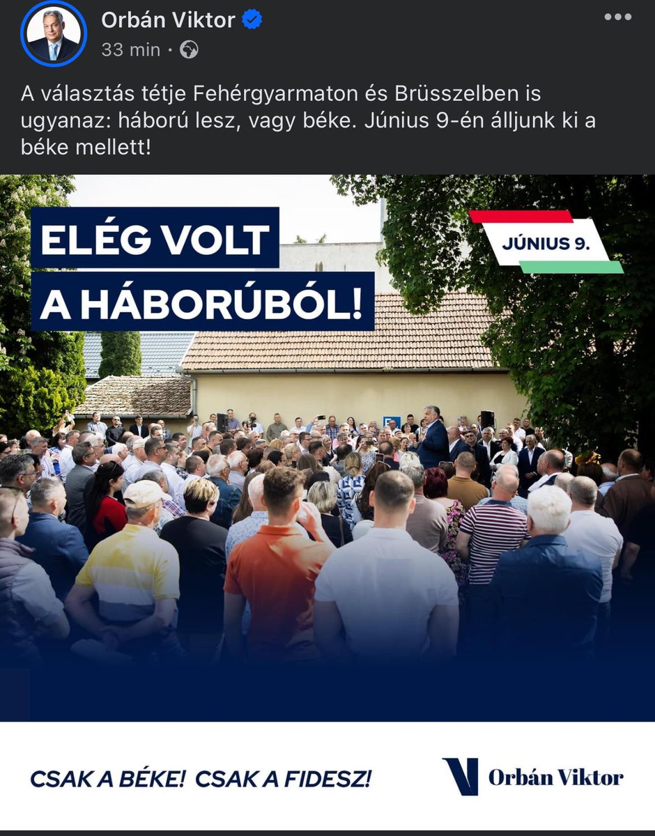 Stawia wyborów w Fehérgyarmat i w Brukseli jest taka sama: będzie wojna bądź pokój. 9 czerwca stańmy za pokojem! Dość wojny! Tylko pokój, tylko Fidesz. #Węgry #kropka_hu