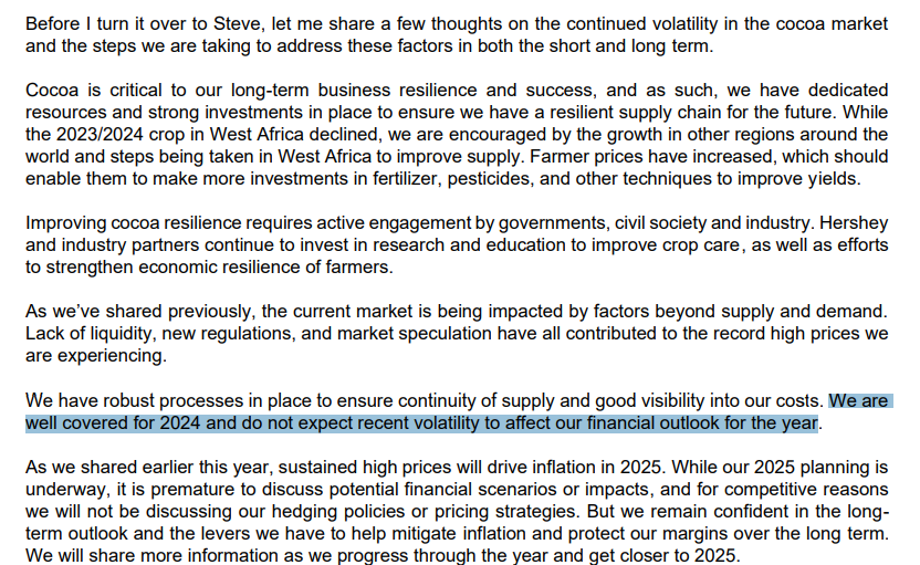 Exactly what I was saying about $HSY being hedged on cocoa prices vs Feastables

h/t: @bluff_capital