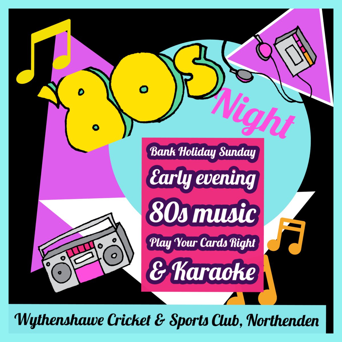 Join us here after our 1XI Cup match this Bank Holiday Sunday 5th May for a night of 80’s music, Play Your Cards Right & Karaoke - from 7pm 
Wythenshawe Cricket & Sports Club, Longley Lane, Northenden 🌟 
🏏 🕺 🪩 💃 🍻 🥂 💃🪩🕺