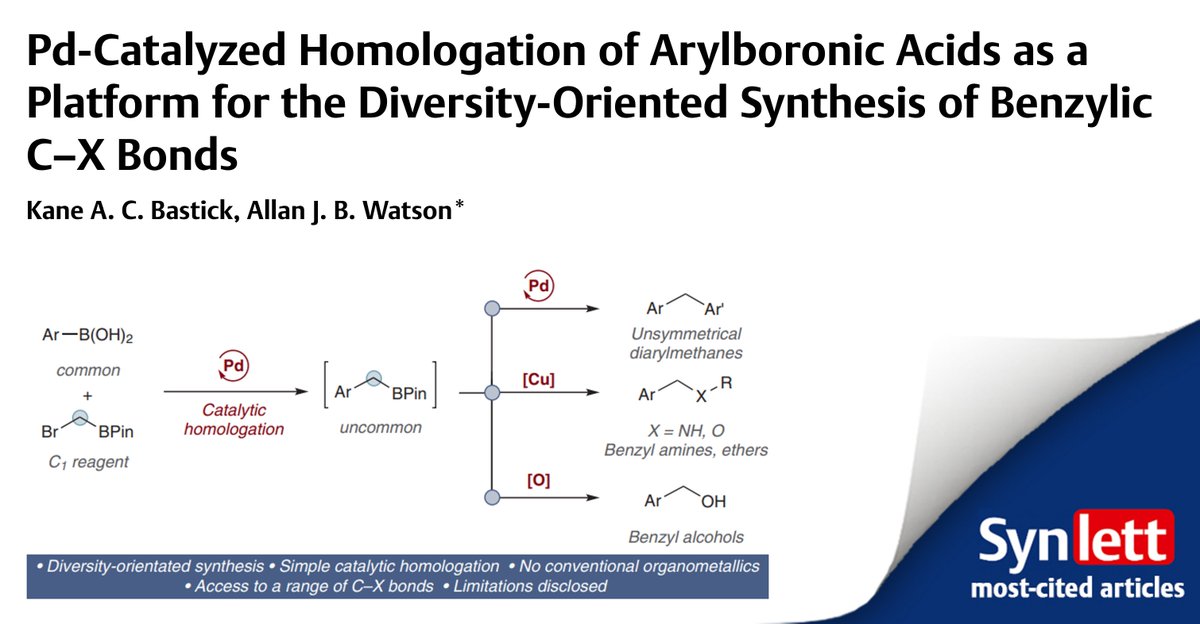 One of the top cited #SYNLETT articles in 2023 you shouldn´t miss! 

by Kane Bastick and Allan Watson <a href="/watson_group/">Watson Group</a> <a href="/StAndrewsChem/">St Andrews School of Chemistry</a>

free access 👉 brnw.ch/21wJqT4

#boron #catalysis #chemoselectivity #homologation #diversityorientedsynthesis