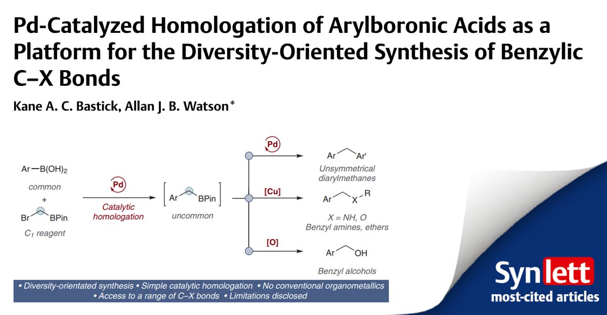 One of the top cited #SYNLETT articles in 2023 you shouldn´t miss! by Kane Bastick and Allan Watson @watson_group @StAndrewsChem free access 👉 brnw.ch/21wJqT4 #boron #catalysis #chemoselectivity #homologation #diversityorientedsynthesis