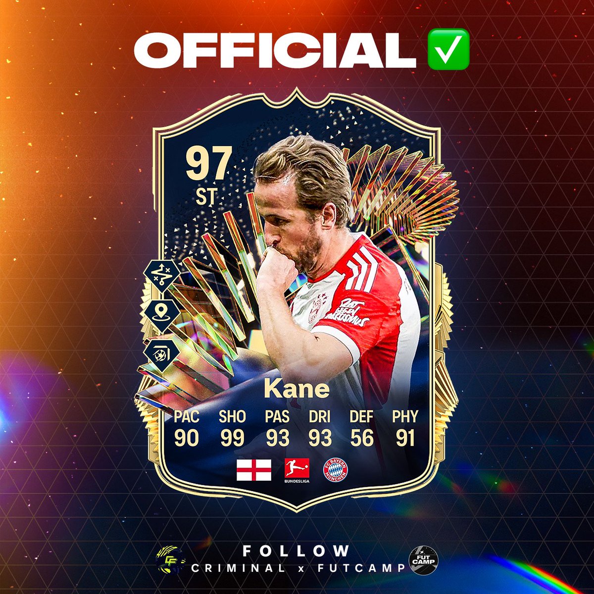 HARRY KANE TOTS OFFICIAL CARD 👀 Best striker in the world? 🏴󠁧󠁢󠁥󠁮󠁧󠁿 Stats ✅ PS+ ✅ Dynamic ✅ Collab with @Criminal__x 🎨 Make sure to follow @fut_camp for more leaks 🔔