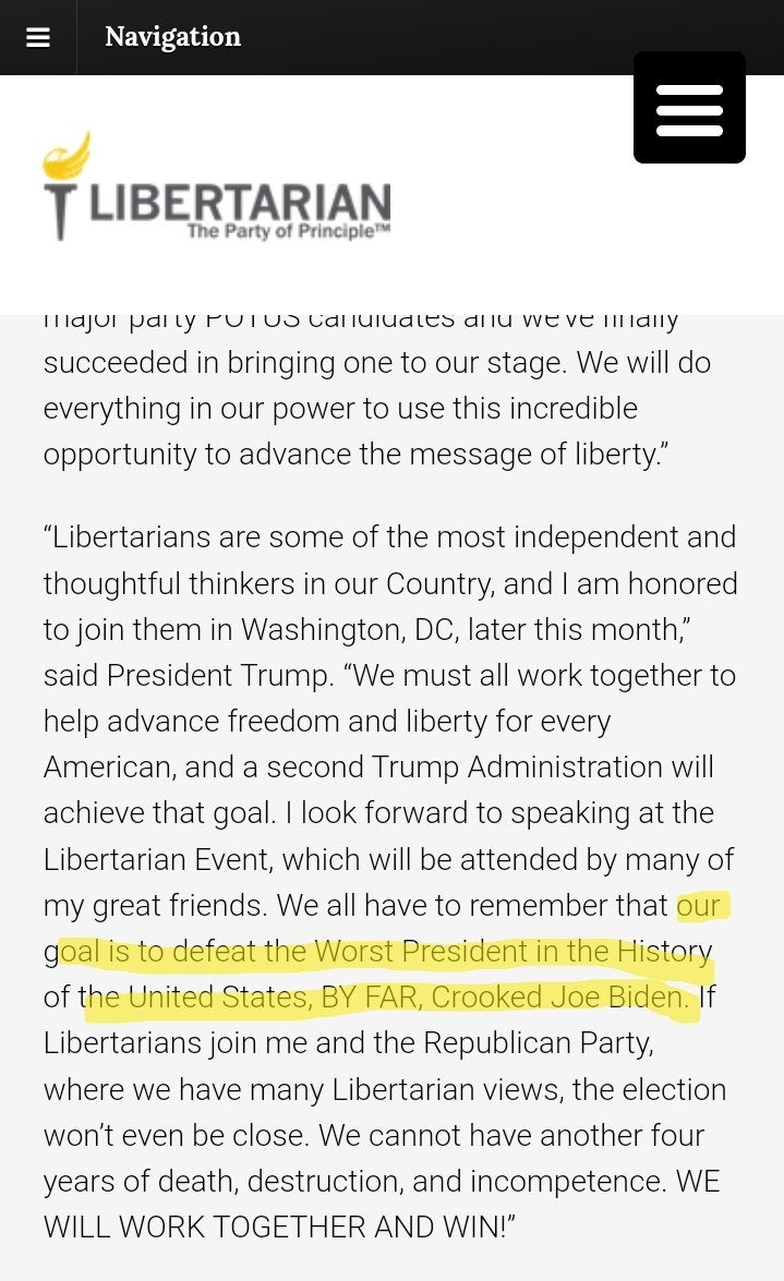 This is on the LP website and was sent out to media by the LP. The Chair selected & approved the quote to use. Excited about Trump and 'our goal' of defeating Biden. I can't possibly think how people have the idea we are endorsing Trump. It's simply a mystery.
