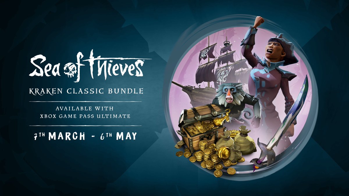 Not long left to secure the Kraken Classic Bundle from @XboxGamePass Ultimate Perks, as this offer ends on May 6th. The Kraken Cutlass, Hat, Jacket and Sails, a Silver Mane Barbary, the Angry Fist Emote and 10,000 gold could all be yours! More info here: xbox.com/xbox-game-pass…