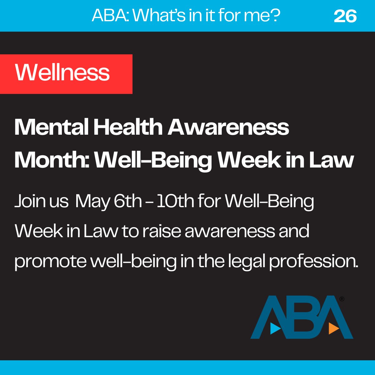 Michelle Behnke (@abapres_elect) on Twitter photo May is Mental Health Awareness Month. <a href="/ABAesq/">American Bar Association</a> has Lawyer Assistance Programs (#LAP) for attorneys' #mentalhealth.
Join us for Well-Being Week in Law to raise awareness and promote well-being. Learn more: bit.ly/3QrQfuy May is Mental Health Awareness Month. <a href="/ABAesq/">American Bar Association</a> has Lawyer Assistance Programs (#LAP) for attorneys' #mentalhealth.
Join us for Well-Being Week in Law to raise awareness and promote well-being. Learn more: bit.ly/3QrQfuy
