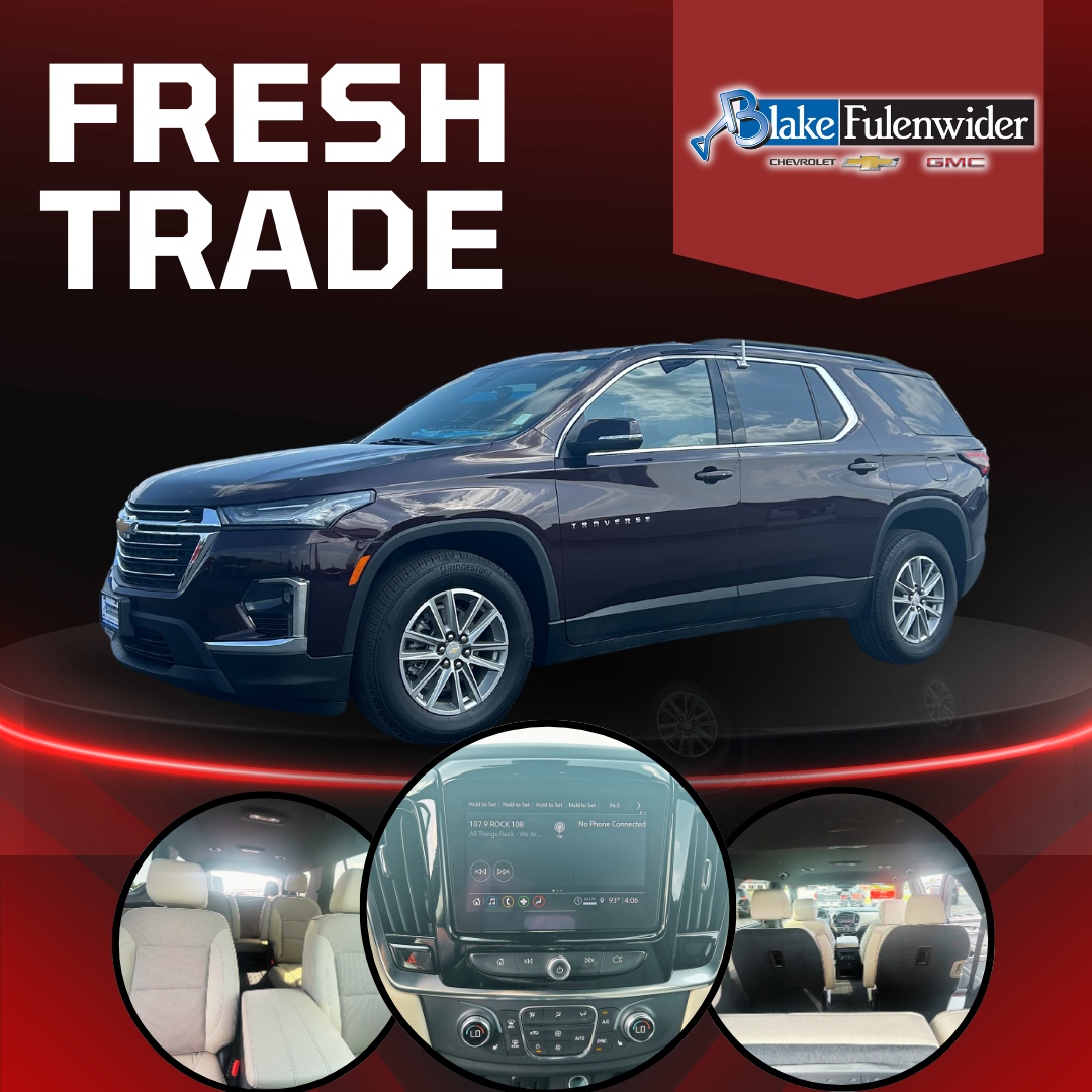 Don't miss out on this fresh trade-in – a 2023 Chevy Traverse with only 21,000 miles! Get behind the wheel today for less than $31,000!

🗺️ Visit us! 1245 E Main Street, Eastland, TX, 76448 
#BlakeFulenwiderCGMCEastland #FulenwiderFamily #BFFAuto