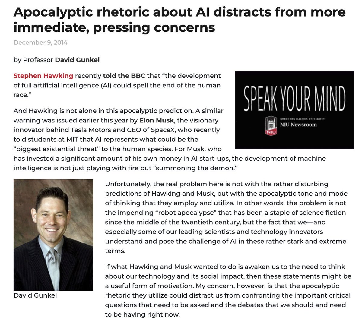 I was reminded today that some of us have been fighting the #AI hype-fight for over a decade. I'd like to say it's nice when the rest of the world catches up to your research, but part of me wants to say 'What took you so long?' newsroom.niu.edu/apocalyptic-rh…