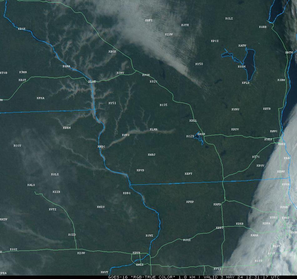 GOES-16 visible #satellite imagery this morning shows some river valley fog across southeast Minnesota, northeast Iowa and western Wisconsin. How cool! #mnwx #iawx #wiwx