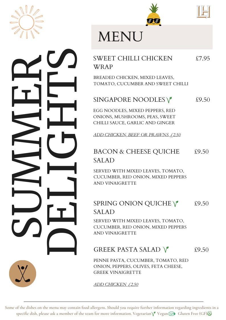 Our new 'Summer Delights' menu is now available in the clubhouse, alongside our regular bar menu. Indulge in these new dishes everyday starting from 11am. We hope you all enjoy our new menu 😍😋