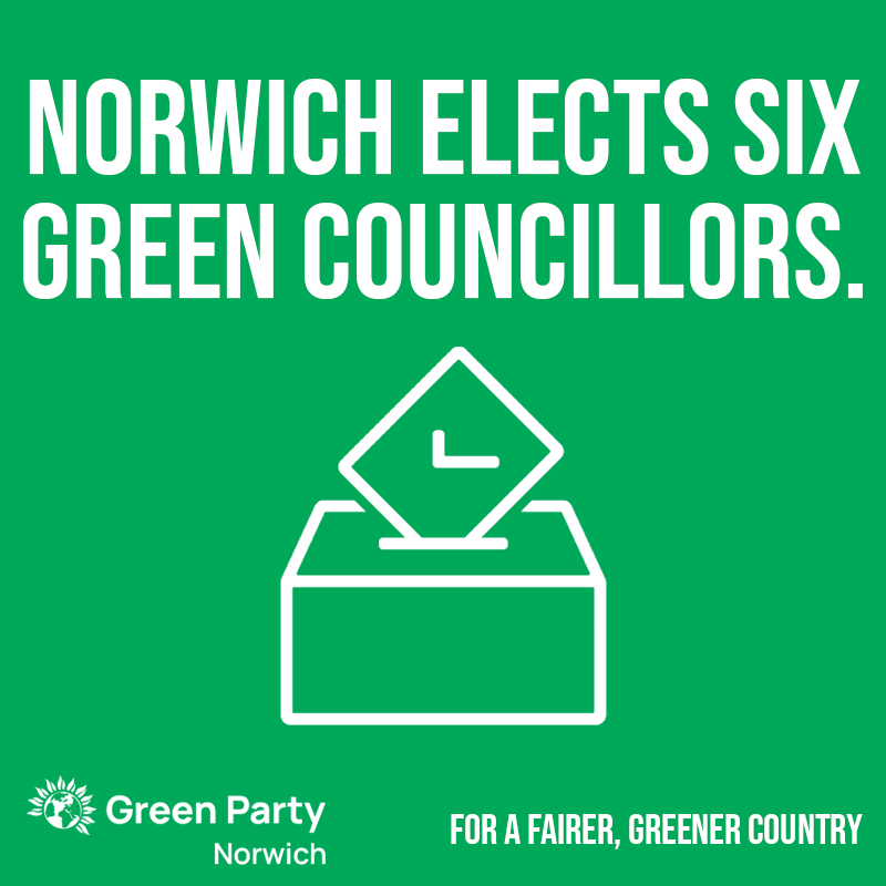 🌱 Thank you to everyone who voted Green yesterday! Six Green Party councillors have been elected to the city council, meaning the council is under no overall control. #LocalElections #GreenParty #Norwich