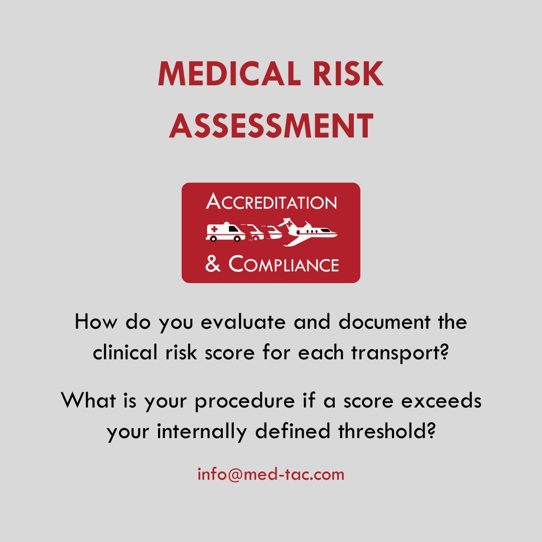 med__tac's tweet photo. Determining the risk score for each patient transport is vital to your risk management system and shows accrediting bodies your team is evaluating each mission.

#flightnurse #airambulance #flightmedic #aviationmedicine #medicalescort #repatriation #accreditation https://t.co/oMJ4pLWFqj