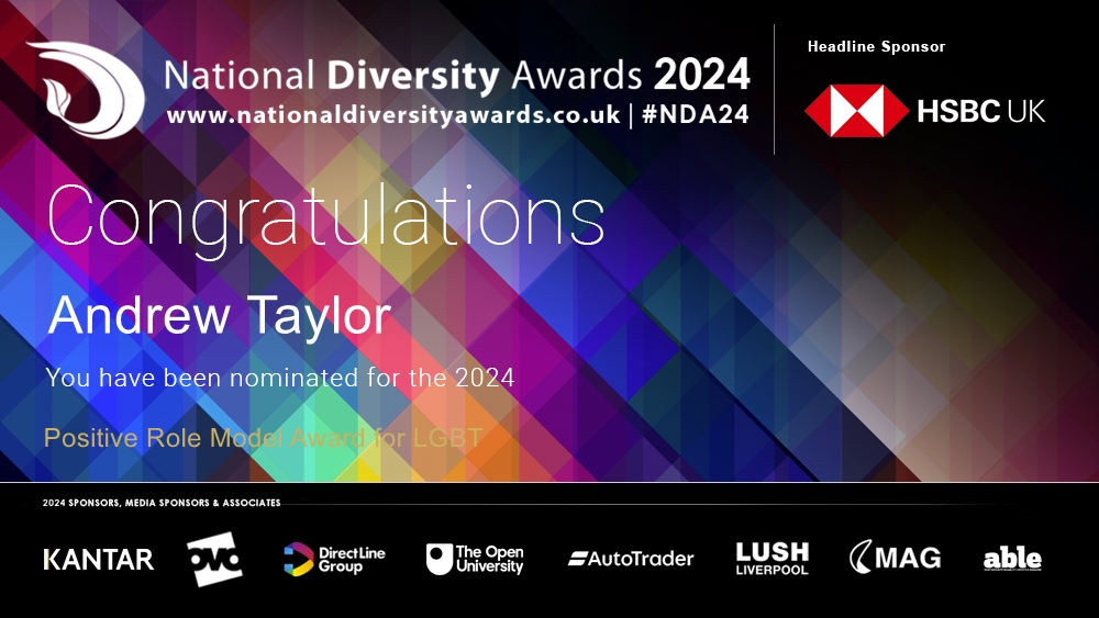 Congratulations to Andrew Taylor who has been nominated for the Positive Role Model Award for LGBT at The National Diversity Awards 2024 in association with @HSBC_UK. To vote please visit nationaldiversityawards.co.uk/awards-2024/no… #NDA24 #Nominate #VotingNowOpen