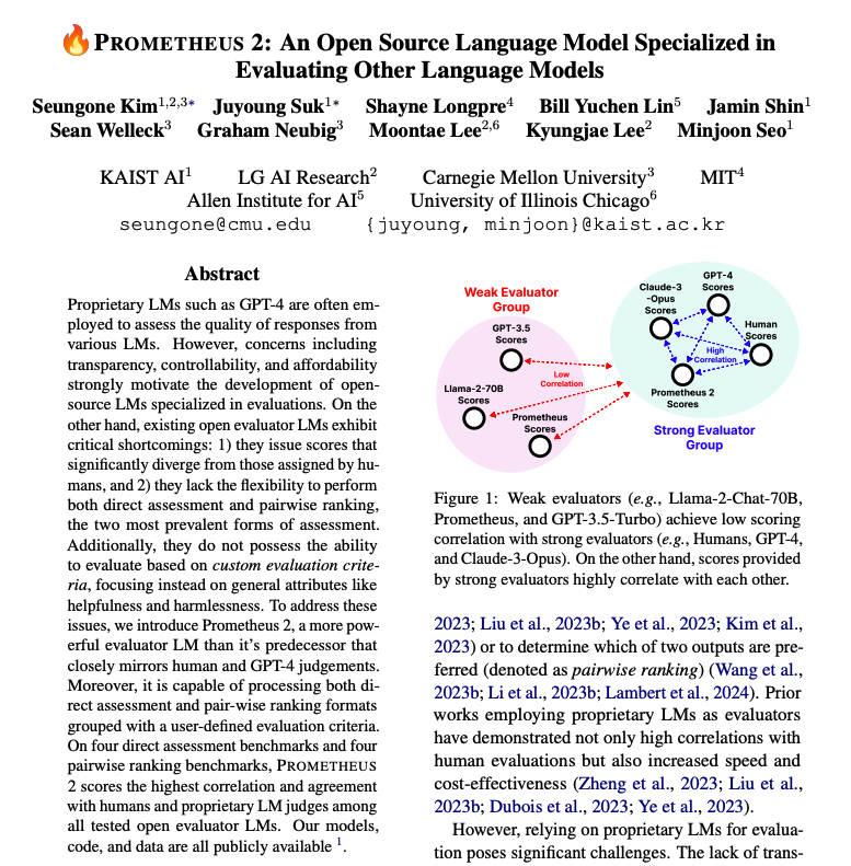 An Open Source LM Specialized in Evaluating Other LMs Open-source Prometheus 2 (7B & 8x7B), state-of-the-art open evaluator LLMs that closely mirror human and GPT-4 judgments. They support both direct assessments and pair-wise ranking formats grouped with user-defined…