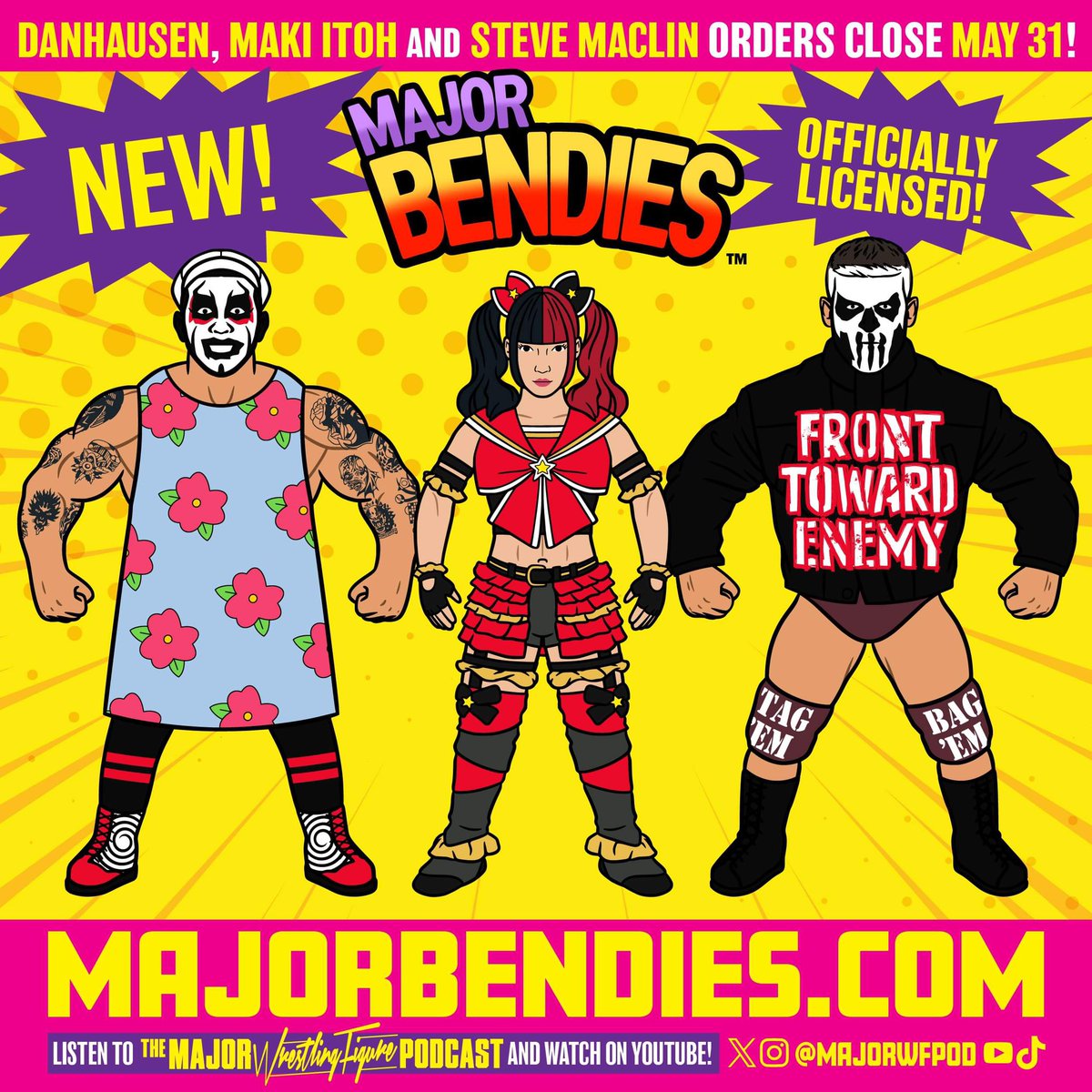 New #MajorBendies up for pre-order, NOW! @DanhausenAD in his Homer inspired muumuu! @maki_itoh getting what might be the cutest Major Bendie in the world! @SteveMaclin showing his war face & Front Toward Enemy jacket! This Toyetic crew can be found at MajorBendies.com!