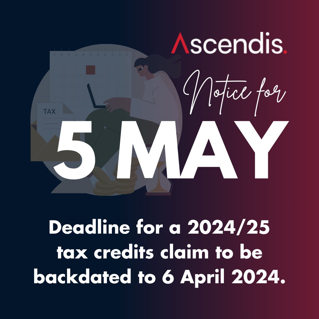 Remember, the deadline to backdate your 2024/25 tax credits claim to 6 April 2024 is 5 May! 

Contact our team for support with future tax deadlines.  

#Tax #TaxDeadline