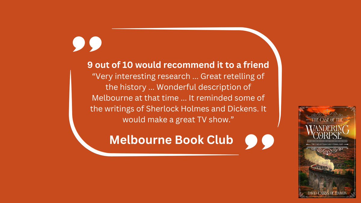 Thank you to the wonderful #MelbourneBookClub for their excellent review of The Case of the Wandering Corpse. 9 out of 10 can't be wrong! It's available now from all good book retailers: bit.ly/WanderingCorpse #historicalfiction #BookTwitter #bookrecommendations #mustread #tbr