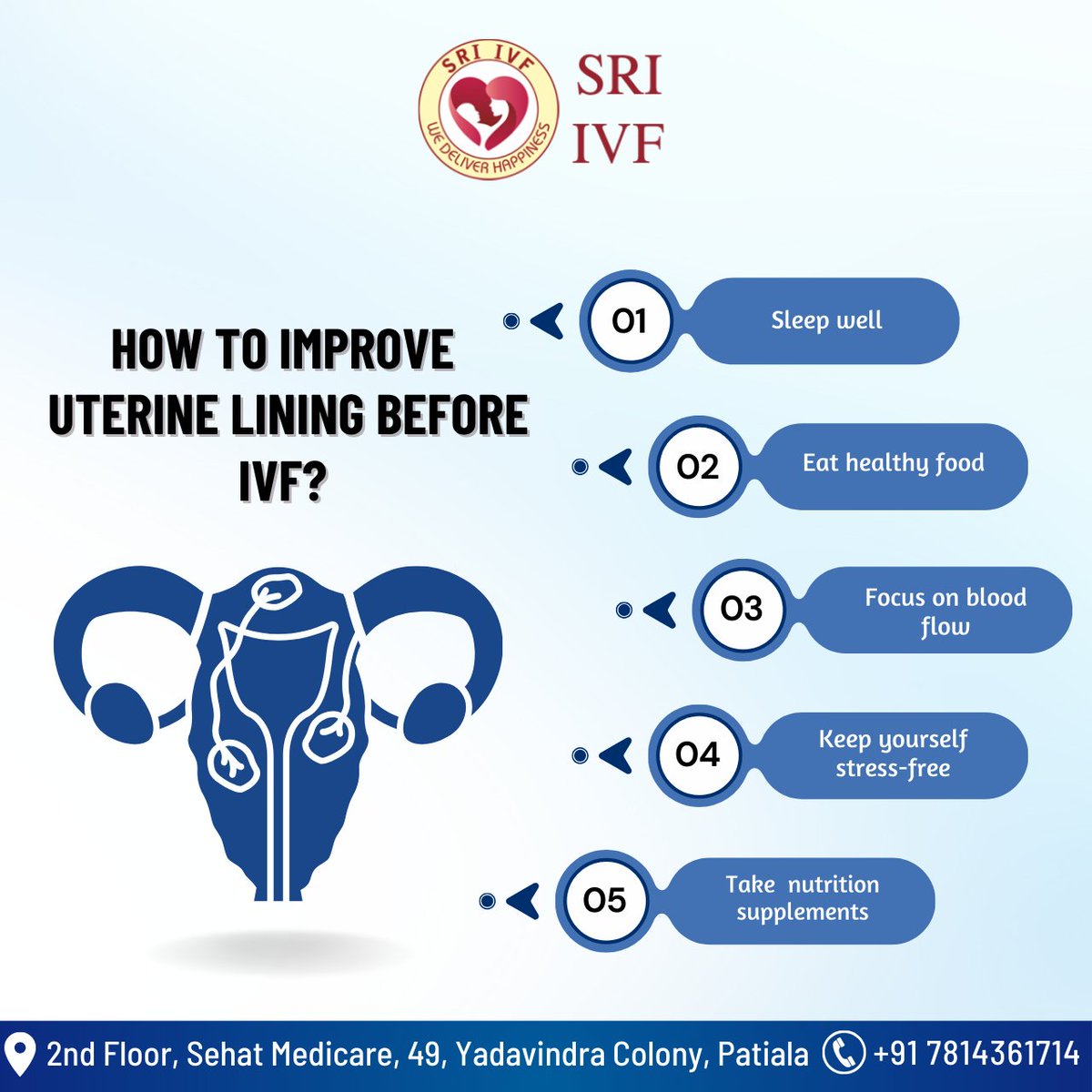 Prepare for IVF success! Prioritize sleep, healthy diet, and blood flow-boosting activities. Manage stress & consider supplements for optimal uterine health. 

#UterineLining #FertilityTreatment #IVF #FertilityClinic #bestivfclinic #ivfhospital #ivfcentre #sriivf #patiala #punjab