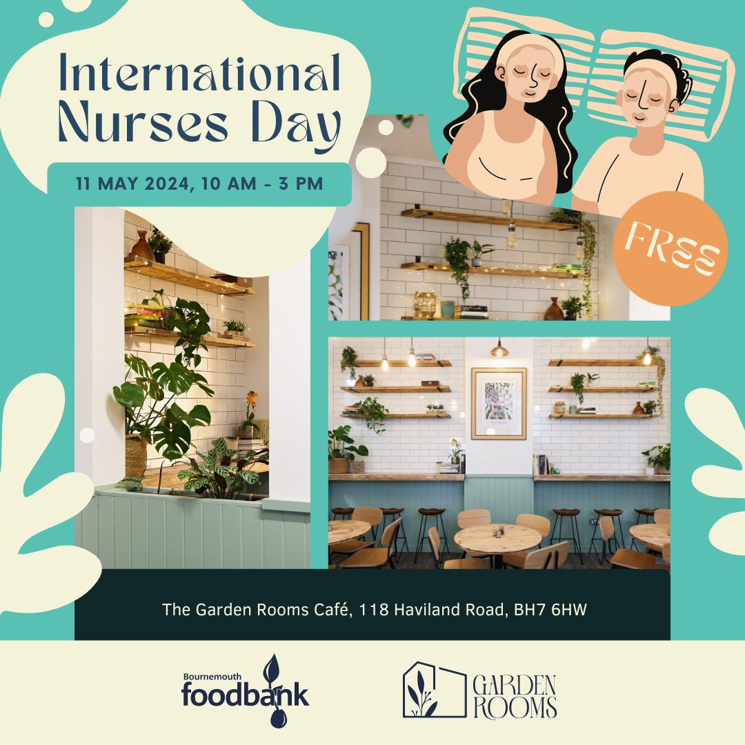 Don't forget, Nurses Day is next week! Calling all nurses and health professionals. 📅 Next Saturday 🕒 10 am - 3 PM 📍 Garden Rooms Café, Bournemouth Foodbank Spread the word #NursesDayBCP #HealthHeroesWelcome @UHD_NHS