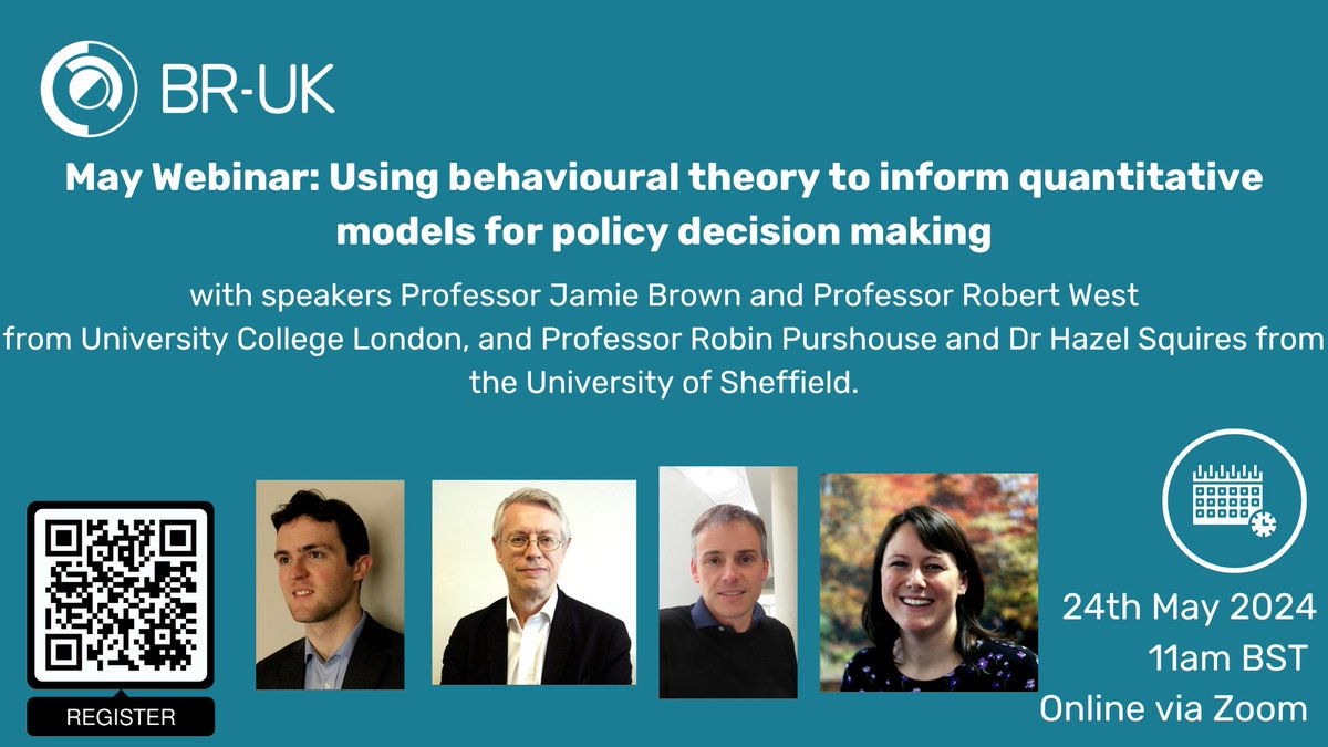 Only 3 weeks until our next webinar! Have you registered yet? Using behavioural theory to inform quantitative models for policy decision making 📅: 24th May 2024 🕚: 11am BST 📍: Zoom Further information and sign-up: us02web.zoom.us/webinar/regist…