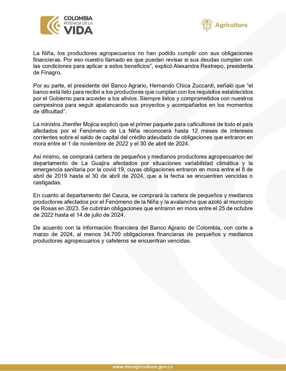 #BoletínDePrensa 🚨 | La activación del Fondo Solidario Agropecuario (#FONSA) les proporcionará alivios financieros a más de 34 mil familias campesinas 👩🏾‍🌾 que sufrieron afectaciones por la covid-19 y el cambio climático entre 2019 y 2023. Esto, mediante una inversión de 20 mil…