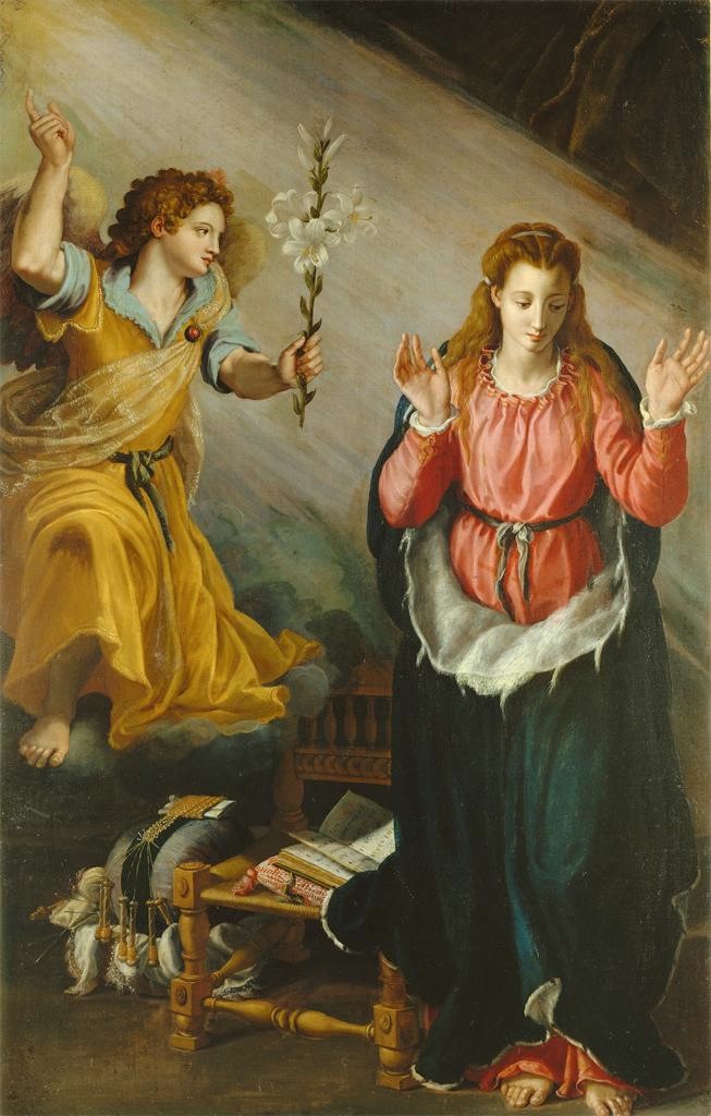 Bearing tidings to a rather distracted Mary: Annunciation. Late work (1603) by Alessandro Allori, whose day is today.
