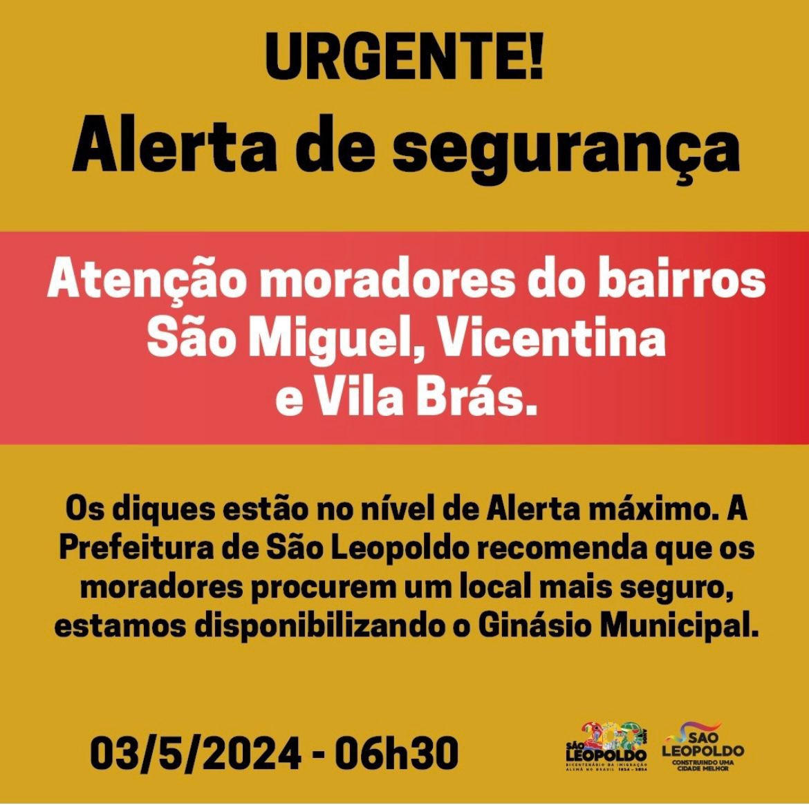 🔴 AGORA | Prefeitura de São Leopoldo orienta evacuação de vários bairros da cidade. Rio dos Sinos atinge alturas quase dos diques.