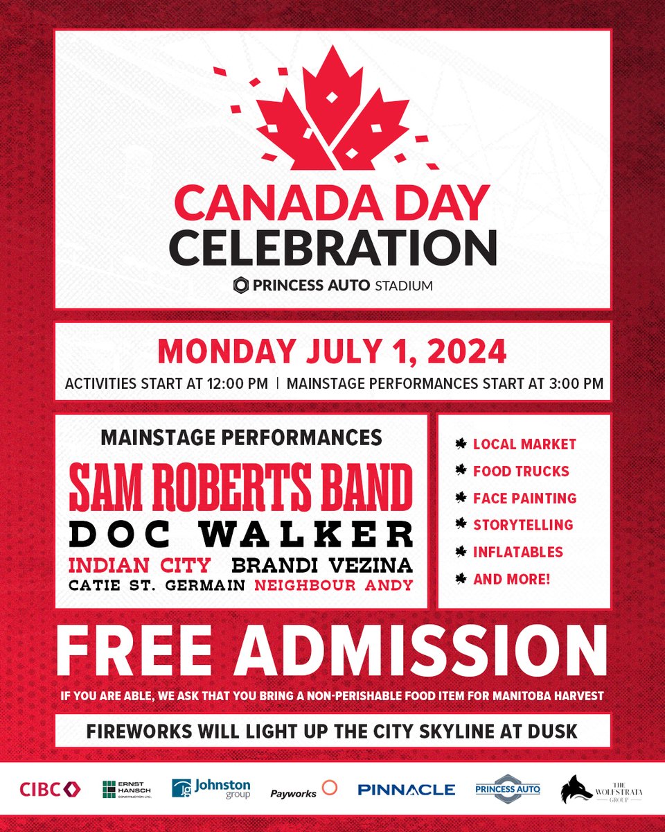 Wpg_BlueBombers's tweet image. Join us for Canada Day celebrations at @princessauto Stadium! 

Admission is free. Activities kick off at noon, followed by main stage performances at 3 pm. Don't miss out!

learn more » bit.ly/4dqzV70
#ForTheW