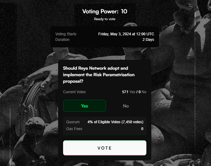 Reya Network First Ever Proposal is Live! ✅ Vote here: reya.network/vote/risk-meth… Voting power is based on XP gained during the Reya Network LGE or previous activity on Voltz Protocol. The proposal is open for voting for a duration of 2 days. Still haven't joined yet? Start…