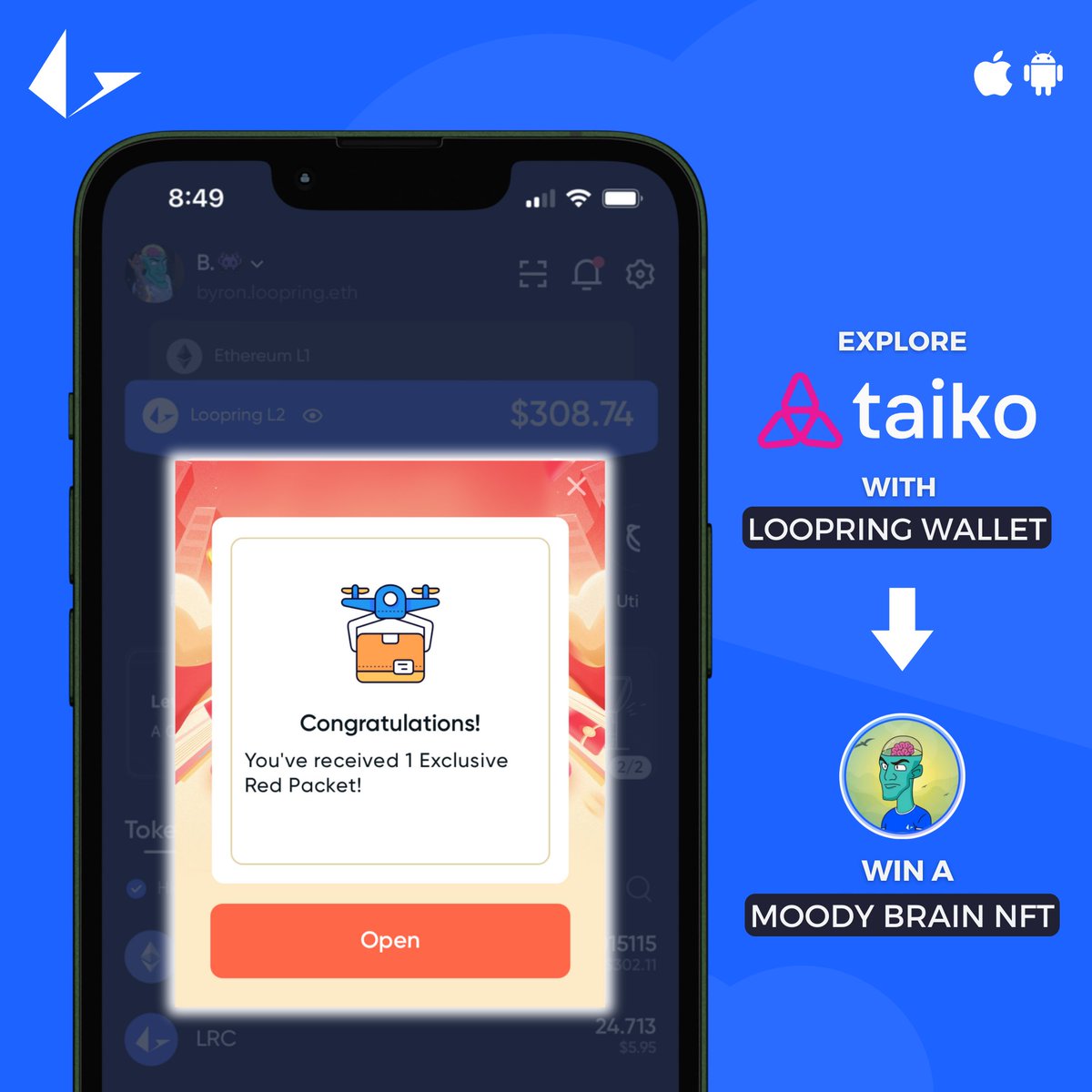 gm @taikoxyz testooors🫡

If you deployed a Taiko A6 wallet in the @LoopringWallet app and binded your wallet -

you've just received an exclusive Red Packet containing your entry for a Moody Brain (Loophead) NFT🧧

Taiko Hekla red packets coming next... deploy yours today 💙↓