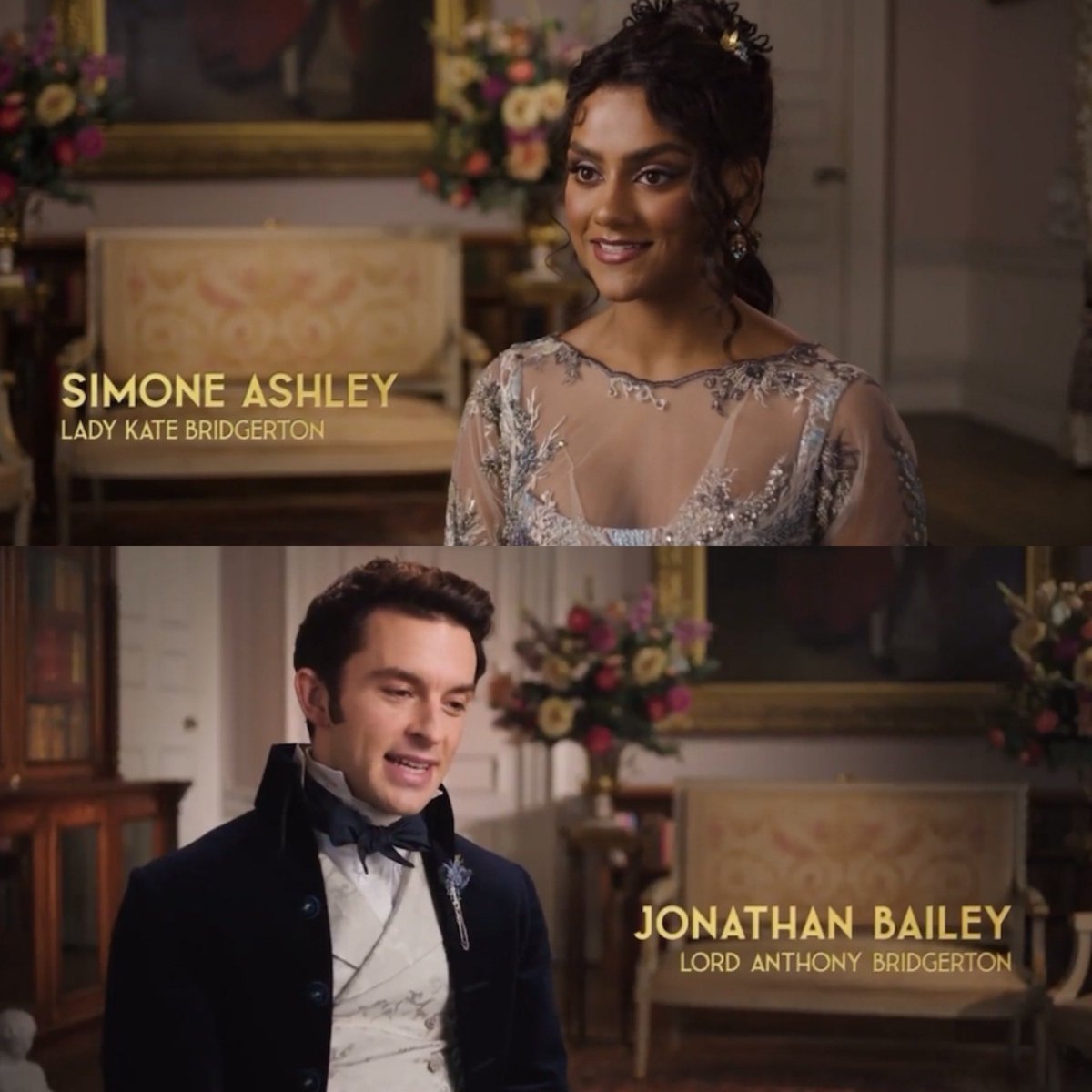 Simone Ashley as Lady Kate Bridgerton and Jonathan Bailey as Lord Anthony Bridgerton behind the scenes of #Bridgerton  season 3 🥹