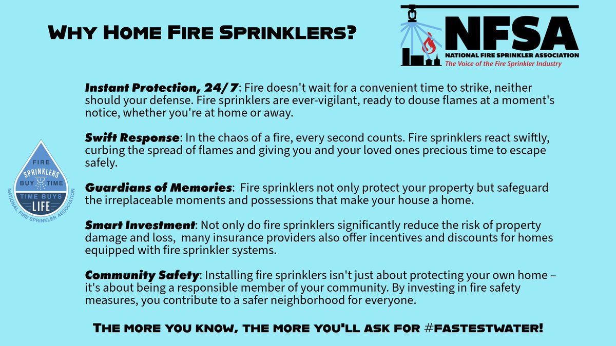 #FastestwaterFriday Fact-Did you know that families with a #firesprinkler system &  #smokealarms decrease their risk of death by fire by 83%? That's not just a statistic, it's peace of mind for you and your family. Here's why your needs fire sprinklers.