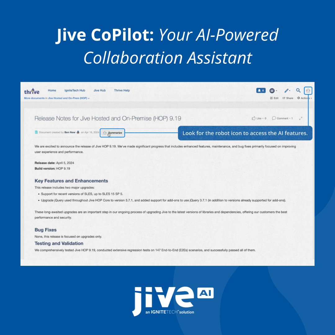 Finding critical info across mountains of content? Like hunting a needle in ever-growing haystacks.

Jive AI's CoPilot ends the struggle. It understands docs, emails, files through advanced natural language processing. 

1. Summarizes lengthy reports to clear overviews. No more